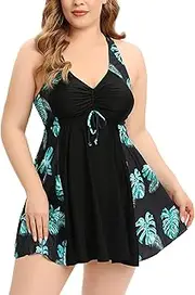 [HappyJamJams] Women's Plus Size Swimsuit V Neck Two Piece Tankini Swimdress Flowy Body Shaping Swimwear