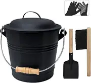 Poofzy Ash Bucket with Lid and Shovel, 1.3 Gallon Fireplace Bucket for Ashes, Includes Hand Broom and Gloves for Fire Pit, Wood Burning Stove and Grill