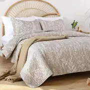 Quilts Size Bed Spread with White Floral Pattern Botanical Queen Oatmeal