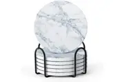Coasters for Drinks, White Marble Style Absorbent Coasters with Holder, Housewarming Gifts for Home Decor, Suitable for Kinds of Cups, Set of 6