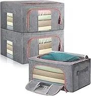 Clothes Storage Bag, Stackable Metal Frame High Density Fiberboard Bottom Cotton Linen Protect from Moisture Dust Sturdy Handle Double Opening Zipper Perfect for Clothing (Set of 3) (24L)