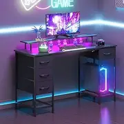 Advwin Black Computer Desk with 4 Drawers, 137cm Gaming Desk with LED Lights & Power Outlets, Study Table with Monitor Stand and Shelf, Home Office Table for Bedroom Workstation