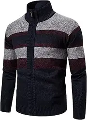 [SWJGLITTR] Men's Full Zip Up Cardigan Sweaters Stand Collar Coat with Pockets Knitted Slim Fit Button Down Cardigans, Navy Blue, Medium