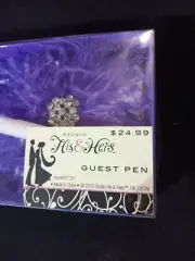His & Hers Wedding Guest Book Pen Purple Feather & Rhinestone On White NIB