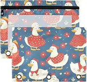 Cartoon White Cute Duck Navy Blue Zipper poucheses with Clear Window Plastic with Zipper Reinforced Grommets Pocket folders for 3 School Class Office Organizers Multicolored
