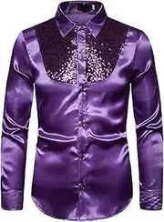 [HanzhuoLG] Men's Shirt Sequins Show Nightclub Menswear Host Master of Ceremonies Cross Border Men's Rollneck Long Sleeve Shirt S09 Purple Small