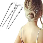 WATEFOER Pack of 2 U-Shaped Hair Pins Metal Clip French Hairpin Vintage 2 Prong Updo Hairstyle Chignon Pins Hair Styling Accessories for Girls Women (Silver)