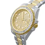18K Solid Steel 2 Tone Gold Baguette Simulated Diamond W/Date 40 mm Men's Watch