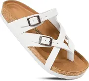 [AEROTHOTIC] Womens Strappy Slip-On Modern Memory Foam Cushion Footbed Outdoor Adjustable Buckle Cork Footbed Slides for Sandals with Comfortable Arch Support