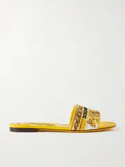 [Dolce & Gabbana] Dolce & Gabbana - Maiolica Bianca Embroidered Leather-trimmed Canvas Slides - Yellow - IT39 IT 39 Yellow