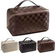 Large Capacity Checkered Makeup Bags Portable Travel Cosmetic Bags Open-Flat Toiletry Bag for Women Girls Make Up Organizer with Divider Pouch Zipper Bag, latte-checkered, Stylish Portable