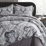 Moroccan Paisley Duvet Cover 3pc Set Bohemian Bedding Boteh Damask Medallion 400TC Egyptian Cotton Sateen Luxury Ombre Style Bed Linen (Oxford Grey, Queen)