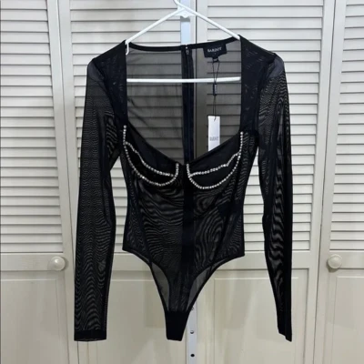 NWT Bardot Carter Diamante Mesh Sheer Long Sleeves Bodysuit Black Small