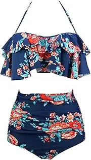 [COCOSHIP] Women's Retro Boho Flounce Falbala High Waist Bikini Set Chic Swimsuit(FBA)