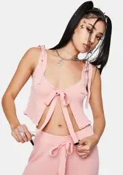 [RARE LONDON] Lettuce Edge Rib Knit Tie Front Cami Top