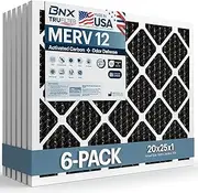 BNX TruFilter 20x25x1 MERV 12 Odor Defense (6-Pack) AC Furnace Air Filter with Activated Carbon - MADE IN USA - Pleated Air Conditioner HVAC AC Furnace Filters - Removes Odor, Mold, Bacteria, Smoke