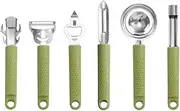 6 Pcs Kitchen Tool Set - Stainless Steel Kitchen Handle Utensils with Rotating Storage Stand, Includes Plate Tongs, Peeler, Opener, Fish Scaler, Separator, Corer