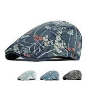 Women Denim Newsboy Cap Ethnic Floral Print Beret Flat Hat Cabbie Baker Boy