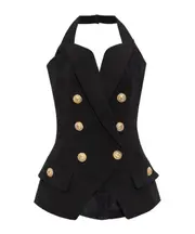 Balmain Double-Breasted Sleeveless Halterneck Top FR36,FR38,FR40,FR42 Black