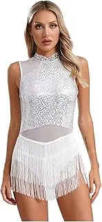 [Sinleey] Women Sleeveless Sequins Latin Dance Dress Tassel Skirted Leotard Salsa Tango Rumba Chacha Dancewear