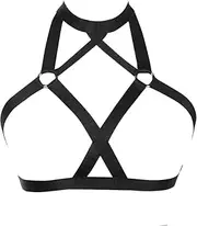 [XYMSAF] Women Harness Elastic Band Lingerie Cupless Cage Bra Punk Gothic Hollow Out Rave Dance Apparel Black
