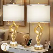 Sculptural Table Lamp Set of 2 for Living Room with Marble Base & USB Ports, Gol