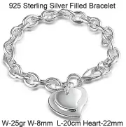 Bangle Real 925 Sterling Silver Filled Solid Heart Charm Cuff Bracelet 20cm