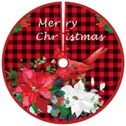 Checked Gingham Christmas Fabric Tree Skirt - Poinsettias & Bird