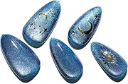 Blue Press On Nails Medium Almond Cat Eye False Nails with 3D Sculpting Metallic Design,Handmade Gel Glue On Nails-24Pcs fake Nails Kit，Moonstone Magic