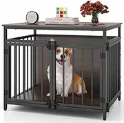Costway Furniture Style Dog Crate, Chew-Resistant Dog Cage with Three Doors & Hollow Top, Heavy Duty Dog Kennel for Small & Medium Dogs, Indoor Decorative Pet House End Table, Rustic Brown