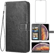 Asuwish Compatible with iPhone Xs X 10 10s Wallet Case Tempered Glass Screen Protector and Flip Cover Card Holder Accessories Phone Cases for iPhoneX iPhoneXs iPhone10 i PhoneX SX 10x 10xs X’s Black