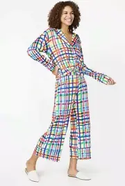 NWT Terez Technicolor Plaid Satin Jersey Tie Front Lounge Top & Pants Set Size M