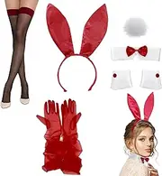 [JIEYUMAO] Women's Bunny Costume Set, Red Bunny Rabbit Costume Set with Bunny Ear Headband Collar Bow Tie Cuffs Tail Long Gloves Fishnet Stockings Wig for Easter Halloween Coaplay Party