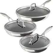 [Circulon] C1 Series Clad Stainless Steel with ScratchDefense Technology Cookware Nonstick Induction Frying Pans/Skillets with Lids, Metal Utensil Safe, 6 Piece Set - Polished Stainless Steel