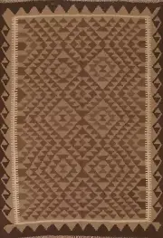 Geometric Reversible Kilim Brown Area Rug 5x7 Wool Hand-Woven Carpet