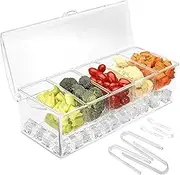 Chilled Condiment Server with 5 Removable Compartment Chilled Serving Container with Lid Clear Garnish Tray Ice Party Platter with 3 Spoons 3 Ice Clips for Fruit Snack Picnic