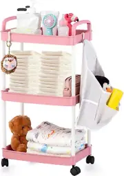 Set of 3 Tier Rolling Cart with Hanging Diaper Caddy Organizer, Roller Book Snac
