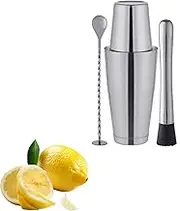 3 PCS Cocktail Shaker Set Martini Shaker with Built-in Drink Strainer Muddler for Cocktails Mixing Spoon, Essential Bar Tools for Mixology