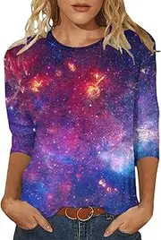 [Mzkdieey] 3/4 Length Sleeve Womens Tops Astronomy Stars Sun Moon Astronaut Planets Galaxy Space Outer Shirt Funny Graphic Tees
