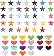 NQEUEPN 90pcs Star and Heart Iron on Patches Sew, Star and Heart Applique Embroidered Patches Polyester Star Heart Shaped Patch Colourful Sew on Patches for Clothes Jeans Hats Bags and Dress