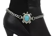 Women Silver Metal Chain Cute Boot Bracelet Shoe Fun Turtle Mini Charm Blue Bead