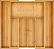 VaeFae Bamboo Drawer Organizer, Expandable Silverware Drawer Organizer and Cutlery Tray, Wooden Drawer Dividers Organizer for Kitchen Utensils and Flatware (5-7 Slots)
