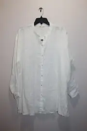 EILEEN FISHER MANDARIN COLLAR LONG SHIRT 100% ORGANIC LINEN WHITE SIZE L