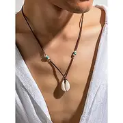 Men's Boho Cowrie Shell Necklace – Handmade Leather Cord Pendant with Beads, Beach Surfer Style, Adjustable Tribal Choker for Summer, Travel and Casual Wear