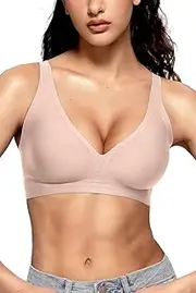 [Vertvie] Womens Wireless Seamless Bras Deep V No Underwire Push Up Bras Supportive Full Coverage Bralettes Plunge T Shirt Bra