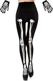 [LanttAotte] Halloween Skeleton Costume Footed Tights Gloves Set, Double Sized Print Women Horrible Stocking Socks
