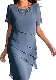 [UKYEW] Tiered Chiffon Pleated A Line Flowy Mini Dress Womens Casual Solid Color Long Dresses Cocktail Party Evening Dresses