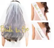 Bride to Be and Bridesmaid Sashes with Veil SET for Bridal Shower WHITE and GOLD