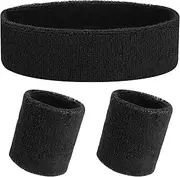 Sweatbands 3 Pcs Headbands and Wristbands for Men Women 80s Neon Non Slip Sport Headbands Wristband for Outdoor Activities Running Gym Accessories,Black