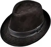[Generic] Men Genuine Leather Suede Cow Skin Nubuck Brown Fedoras Hats Women Gentleman Male Jazz Hip Pop Caps